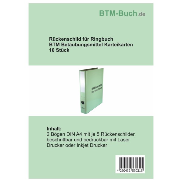 Rückenschild für Ringbuch für BTM Betäubungsmittel Karteikarten 10 Stück
